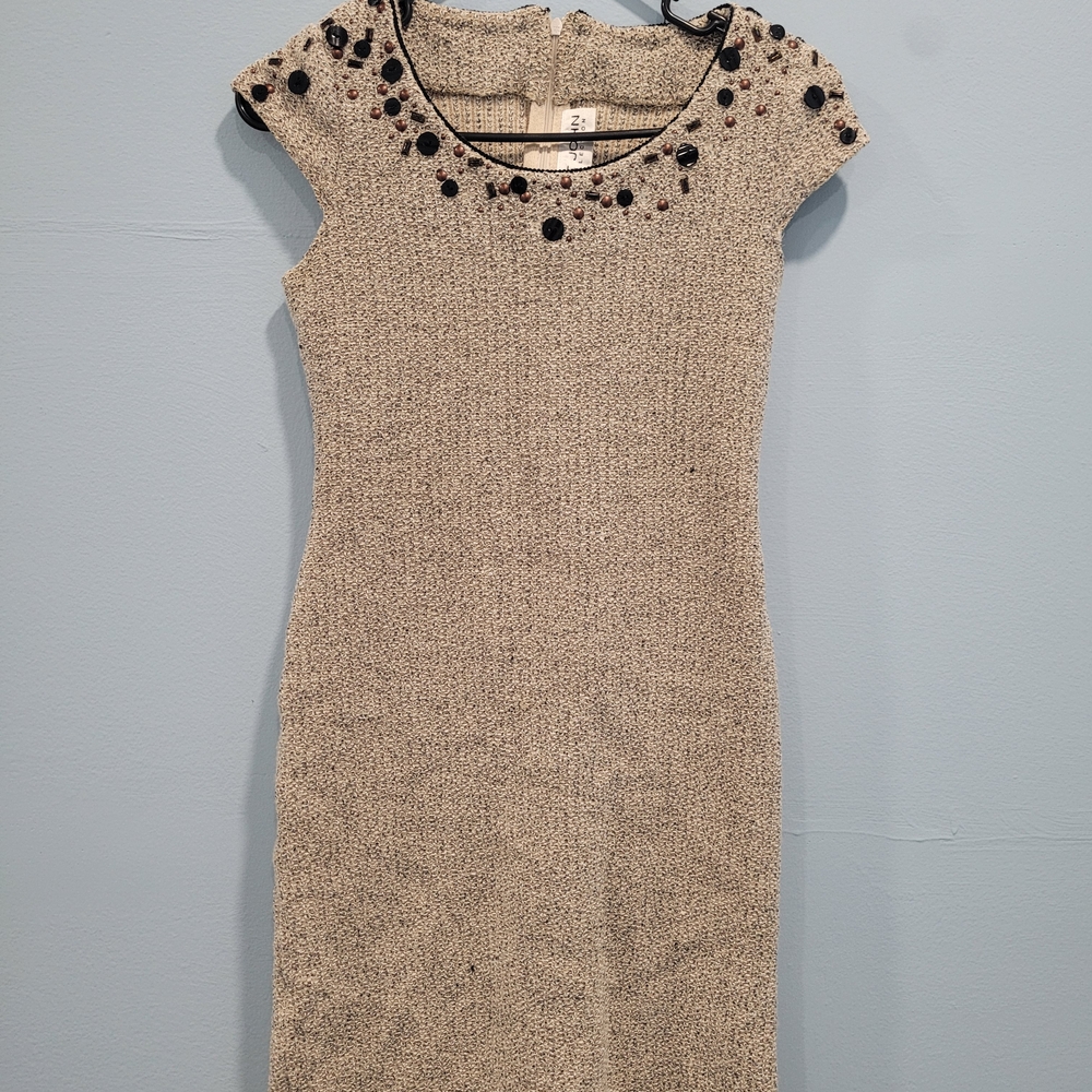 St. John Collection Cream Mini Dress with Black Embellishments